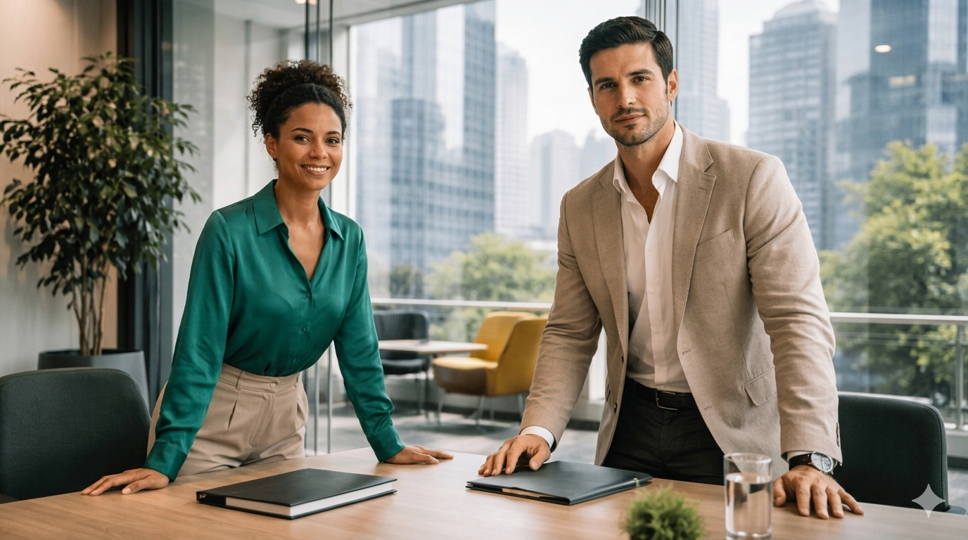 Executivos reunidos em ambiente corporativo moderno, representando seguros para fusões e aquisições (M&A), proteção de transações empresariais, gestão de riscos e segurança jurídica nos negócios.